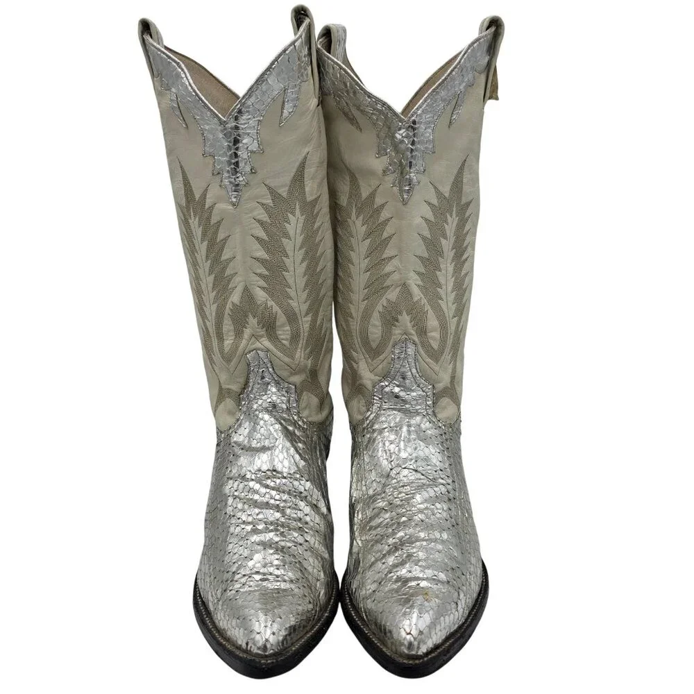 Vintage 1970s Mens 11D Larry Mahan Silver Metallic Snakeskin Cowboy Boots Rare - Picture 10 of 16